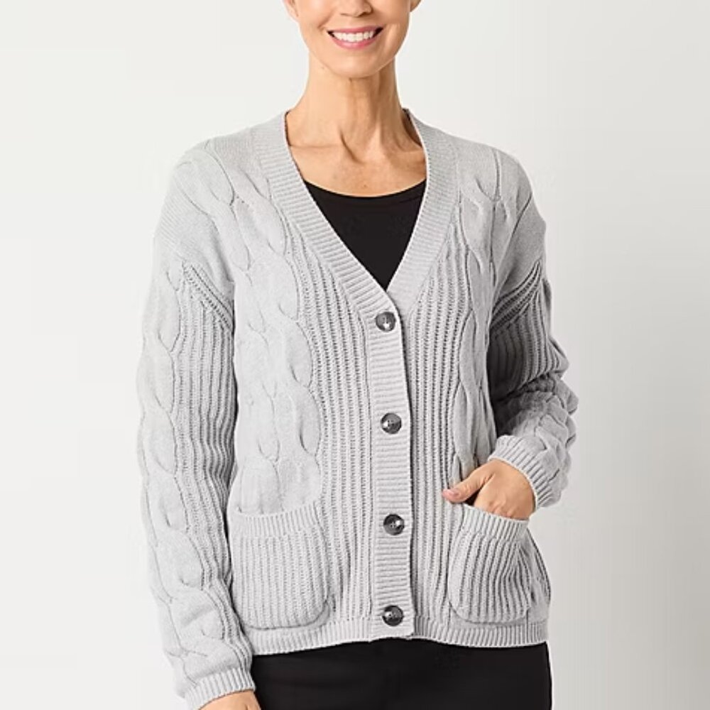 NWT St. John's Bay Women's V Neck Long Sleeve Button Cardigan, Lt Heather Gray